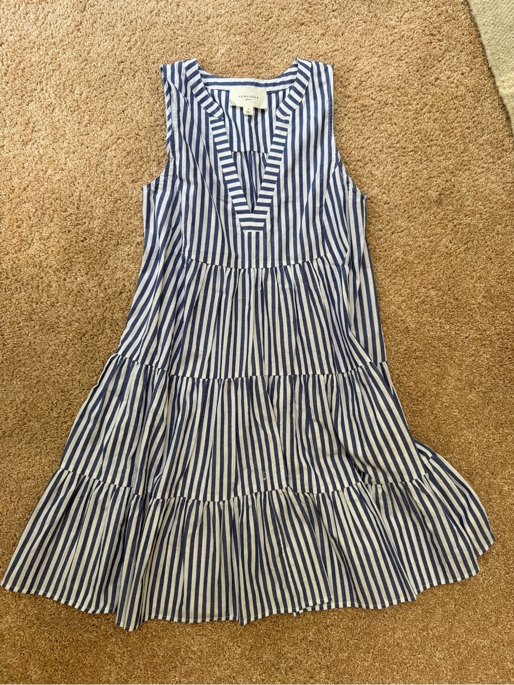 Pomander Place Navy and White Striped Sleeveless Tiered Midi Dress